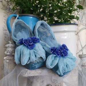 Chaussures de danse romantiques chaussures de ballet en satin de soie chaussures de pointe pointe danse shabby chic délavé bleu boudoir paillettes gaze arcs roses