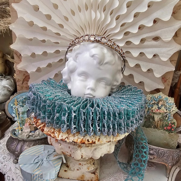 Magical Lace Dolls Boudoir Doll Bear Frill Brocante Style Victorian Edwardian Collar Lace Ruff Turquoise Silver Napoleon