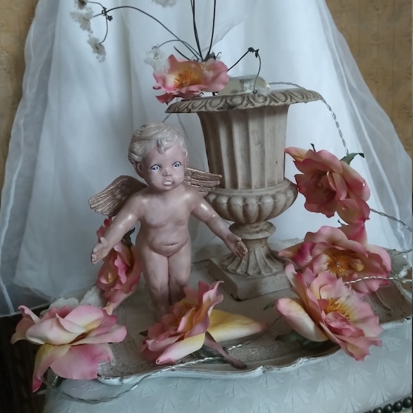 Vintage Putte Angel Cupid vieux motif en plâtre avec aile Noël vers 1970 messager d’amour religieux Cupidon décoration de Noël sculpture plâtre