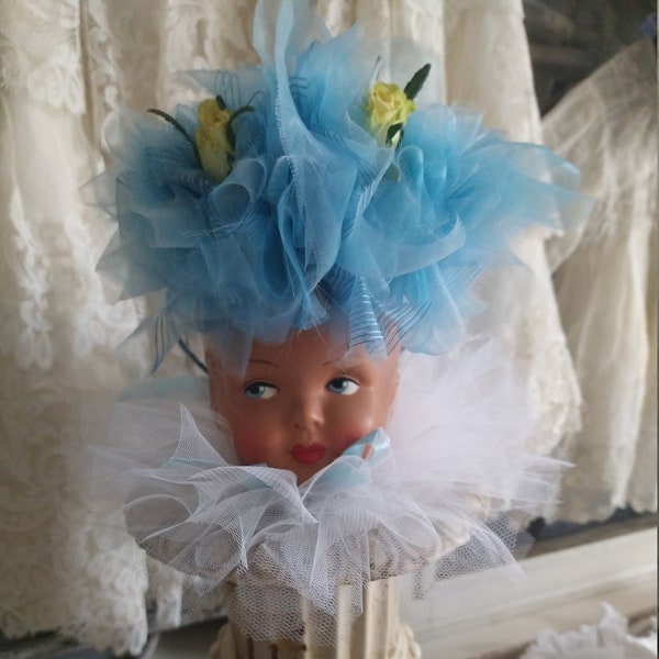 Small elf ! Enchanting dolls / bears set shabby blue white brocante style ruff & headband real roses