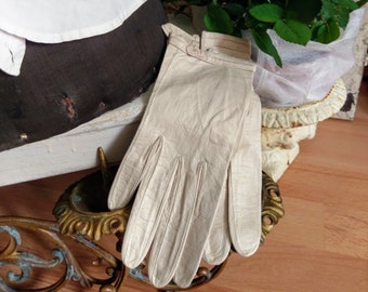 Pair of enchanting antique brocante women's leather gloves Paris France white shabby chic