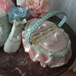 So charming antique boudoir shabby chic box basket vintage fabric box paper box silk baby France lace pink blue