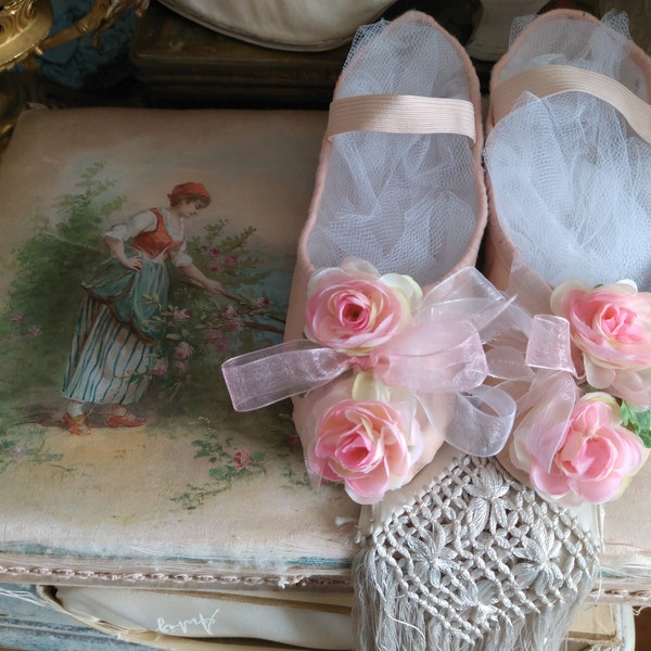 Zapatos de ballet de cuero profesional Balerina danzas Shabby Chic desteñido Rosa Albaricoque Rosas Tul Ballet Boudoir Ballet Zapatilla (Gr.L) 30