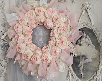 Lush dreamy waxed roses romantic wreath decoration pink tulle vintage brocante shabby chic handmade wall wreath door wreath