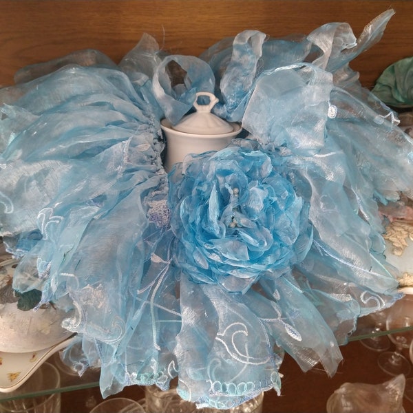 Boudoir ruff sky blue cloud embroidery brocante style Victorian collar ruff rose organza chiffon tulle wreath pearls white wreath