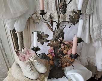 Magical, atmospheric candlestick so shabby: Antique Lielien chandelier with ears of corn Altar chandelier from France, flowers, grapes