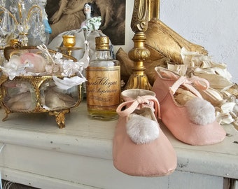 Sweet antique French leather baby shoes with pompom pink so romantic shabby chic
