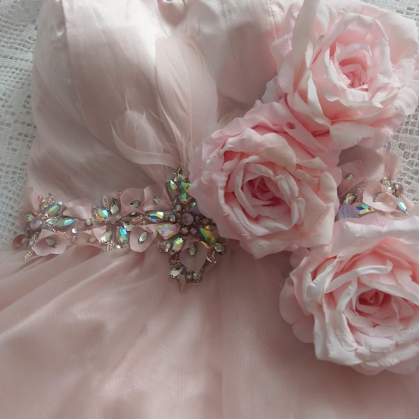 Charmant ! Traumhaftes Vintage Kleid Tüll Tütü Petticoat Schnürung Rosa Brocante Strass Steine Federn Hochzeit Ballkleid um 1980 Brautkleid