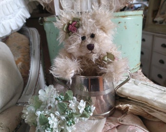 Ensemble vintage : Ancien sucrier argenté & ours de collection ours en peluche fille avec roses et noeuds so sweet and shabby chic