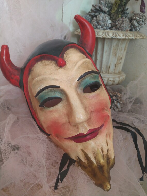 Antique Vintage French Paper Maché Stage Devil Mask T… Gem