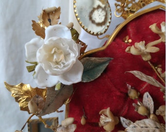 Antique French Globe de Mariee Ormolu Napoleon III Wedding Dome Bridal Globe Wax Flower Earrings Mirror Velvet Stand 19th Century