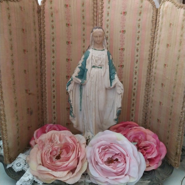 Traumhafte shabby chic alte Figur Maria Madonna Muttergottes Jungfrau Maria katholische Statuette Vintage Brocante Türkis Gips