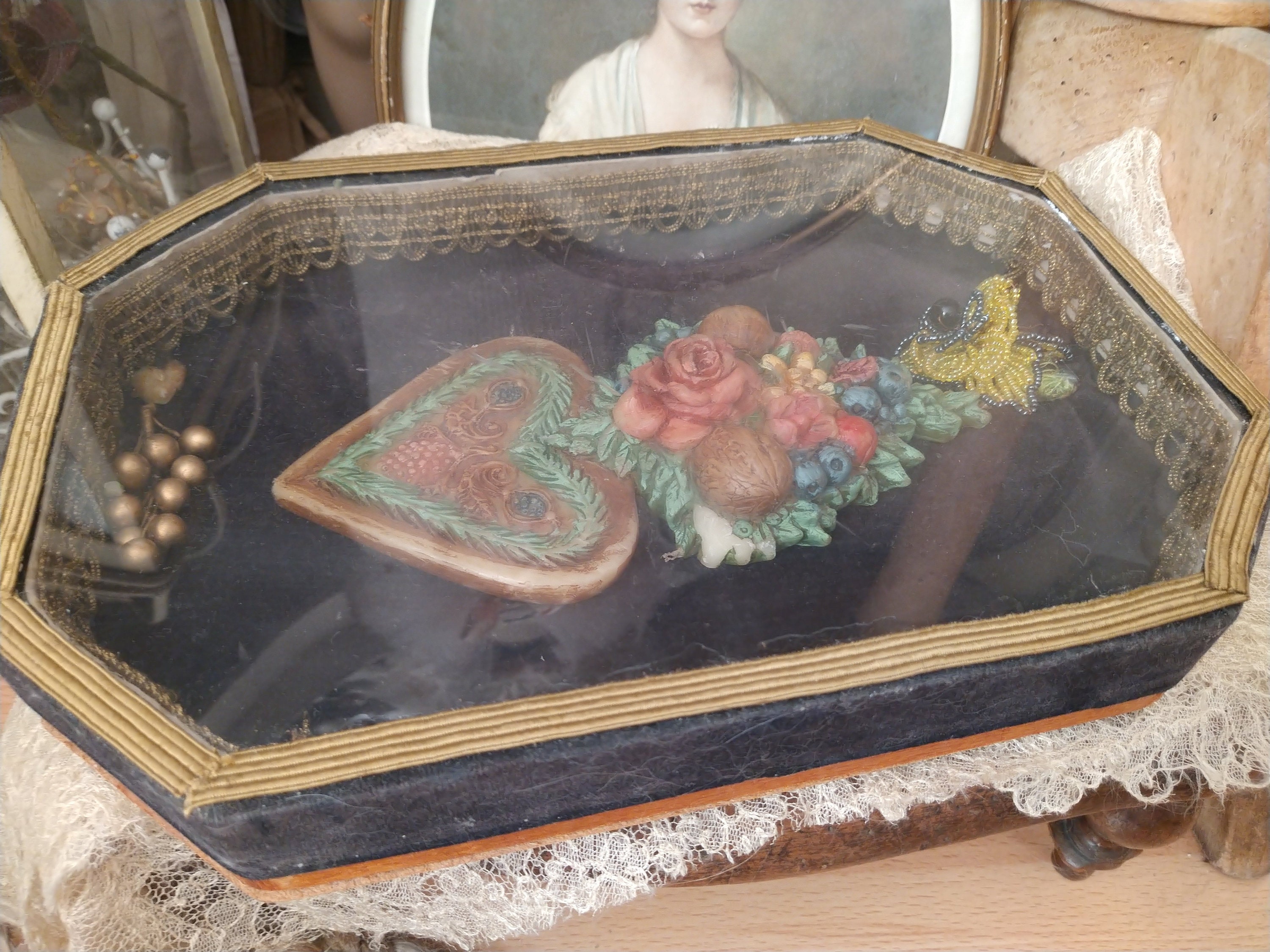 Antique Wax Mould Fruit Basket and Monogram, Vintage Springerle Cookie Mold  