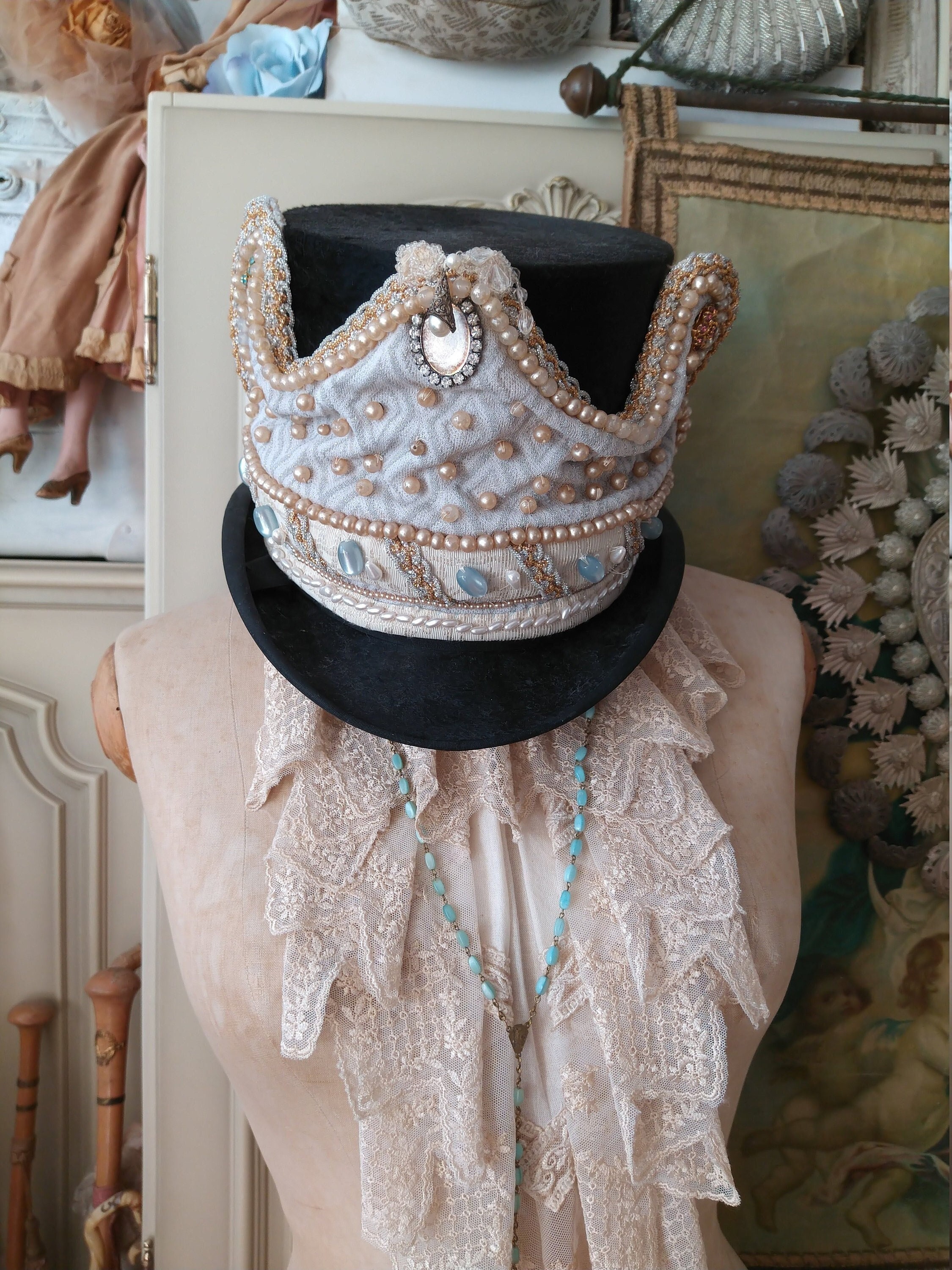 RARE: Antique procession fabric crown from France with stones and pearls around 1900 theater costume Madonna blue gold
