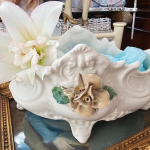 Decorative vintage flower pot large roses jardiniere porcelain white roses planter flowers vase plant bowl cheeky brocante shabby chic