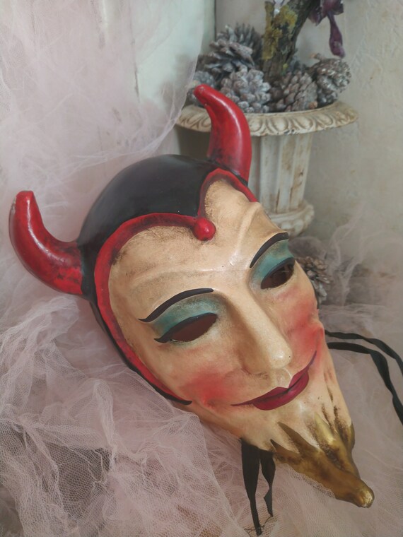 Antique Vintage French Paper Maché Stage Devil Mask T… Gem
