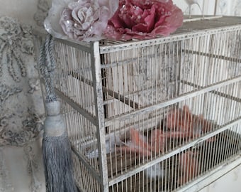 Beautiful antique bird cage shabby chic white France large tassel brocante French style boudoir decoration authentic patina