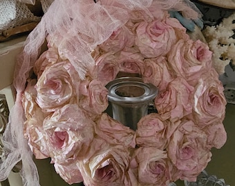Lush dreamy waxed roses romantic wreath decoration pink tulle vintage brocante shabby chic handmade wall wreath door wreath