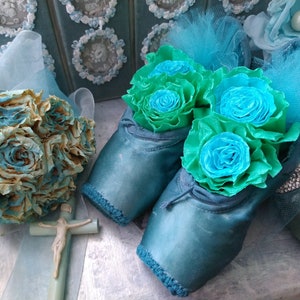 Atelier Satin Silk Ballet Shoes Pointe Shoes Shabby Chic Turquoise Blue Green Paper Roses Ballet Tulle Boudoir Size 4 1/2