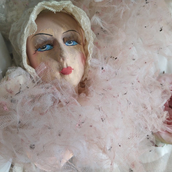 Charming Boudoir Doll Ruffle Tulle Collar Cream Off White Pink Polka Dots Satin French Brocante Victorian Edwardian Collar Tulle Ruff