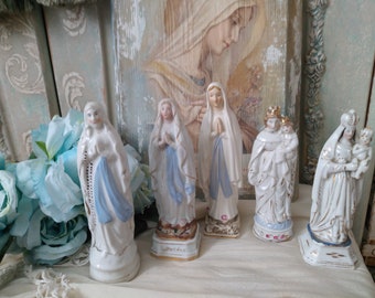 Figurine antique en biscuit de porcelaine Maria Madonna Lourdes Notre Dame Mère de Dieu Vierge Marie Statuette 1900 Brocante marquée France entre autres