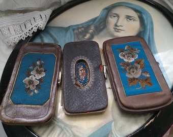 So charming brocante: antique case glasses case bead embroidery roses turquoise France old shabby chic embroidery turquoise leather wallet