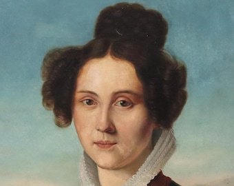 Beautiful large antique Biedermeier painting bust portrait lady portrait oil painting around 1930 wooden frame picture oil on canvas