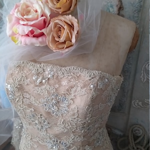 Failed! Champagne tea caramel vintage dress wedding dress ball gown tulle corsage boudoir shabby chic Gr. 38 wedding pearl flowers