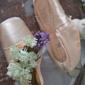 May include: A pair of well-worn, light pink satin ballet pointe shoes. One shoe is decorated with a cluster of light green and white flowers, and the other with purple flowers. The shoes are resting on a decorative surface.