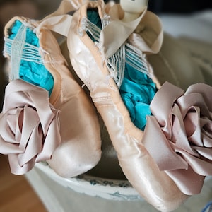 Old original ballet shoes pointe shoes theater ballet roses pointe danced shabby chic faded pink silk roses ballet boudoir