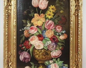 Old master large antique flower painting floral still life painting oil painting 19th century monogrammed wooden frame picture magnificent frame