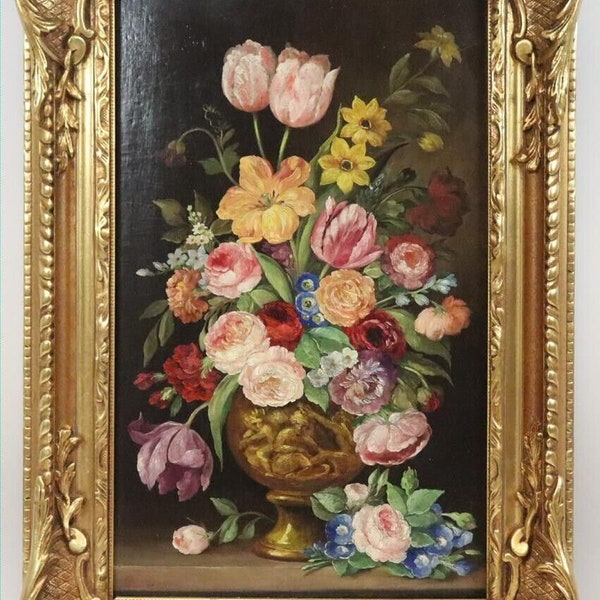 Ancien maître grande peinture de fleurs antique peinture florale nature morte peinture à l'huile 19ème siècle cadre en bois monogrammé image magnifique cadre