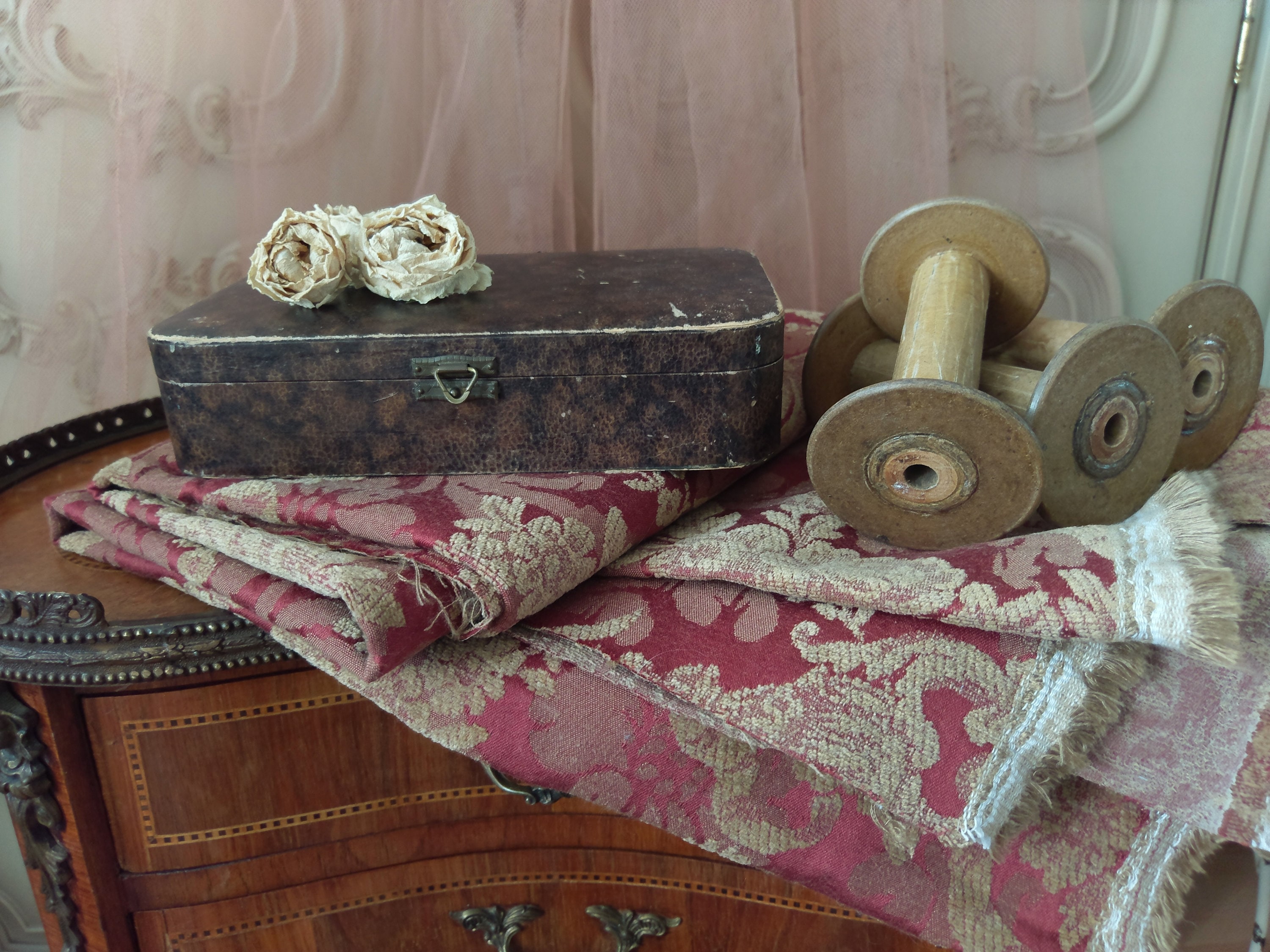 RAR: Large Antique Velvet Box, Fabric Box, Metal Fitting