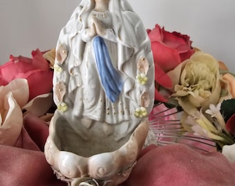 Dreamy little old Holy Mary Madonna of Lourdes Brocante vintage holy water font shabby chic porcelain French France