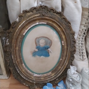 Adorabile piccolo ritratto antico di bambino ad acquerello di una ragazza del XIX secolo con cornice in legno, ritratto, dipinto, bambino, ragazza, vestito blu