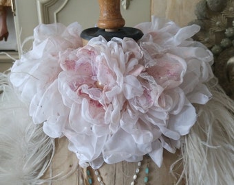 Boudoir Ruffled Roses Peonies Pink Cream White French Brocante style Victorian Edwardian collar ruff shabby patina floral chiffon