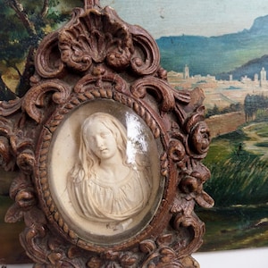 Antique Sculpture Holy Picture Ex-Voto France Carving Glaskopel Lake Foam Our Lady Virgin Mary 1890-1900 Sacral Monastery Work