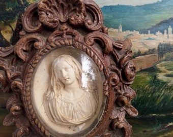 Antique Sculpture Holy Picture Ex-Voto France Carving Glaskopel Lake Foam Our Lady Virgin Mary 1890-1900 Sacral Monastery Work