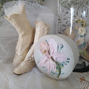 Charming Romantic Antique Decorative Cloth Box with Millinery Blossoms Iris France Sewing Box Turquoise Blue Silk 1900&#39;s