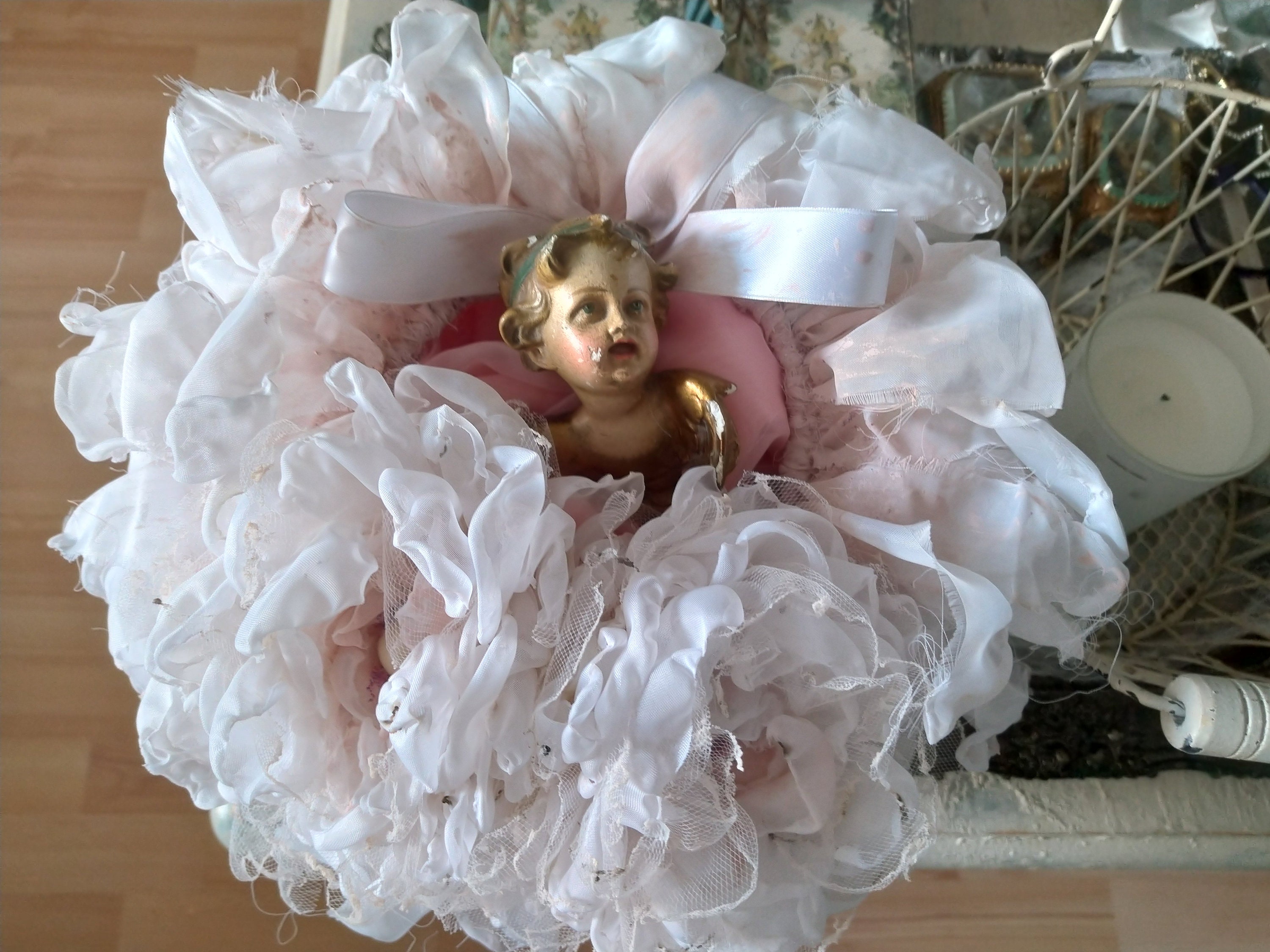 Woman In Ruffled Roses Off-white Boudoir Ruffle Roses Peonies Pink Cream White French Brocante ...