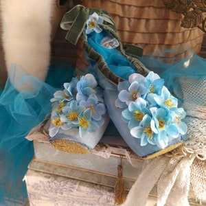 Romantic silk velvet leather ballet shoes ballerina dances shabby chic faded turquoise blue green flowers ballet boudoir pointe hearts tulle