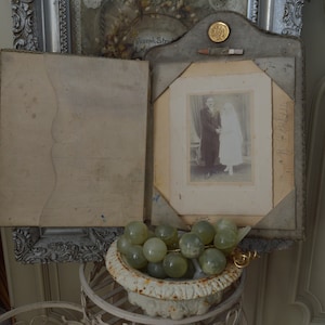 RARITY: Large notebook silk ribbon and embroidery France wedding guest book document folder medallion 800 silver pencil around 1900