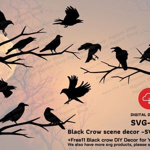 Zwarte kraaiscène SVG-png: Halloweendecor (digitale download)
