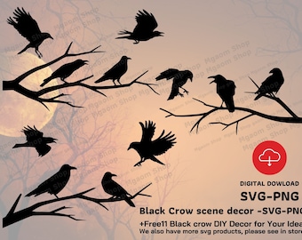 Black Crow Scene SVG PNG: Halloween Decor (Digital Download)