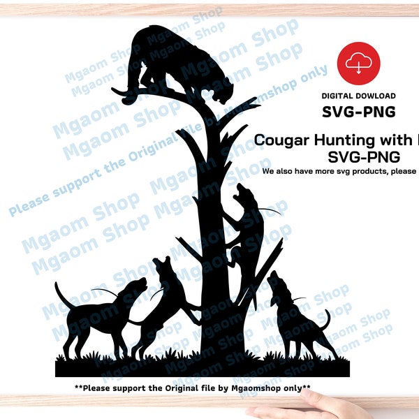 Cougar hunting with hounds SVG file , Mountain Lion Hounds Hunting SVG