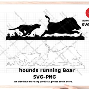 May include: Black and white silhouette illustration of a boar running with three hounds chasing it. The image is on a white background with a grid pattern. The text "hounds running Boar SVG-PNG" is below the image.