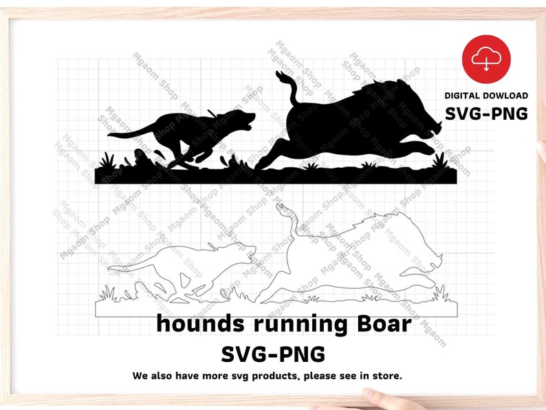 May include: Black and white silhouette illustration of a boar running with three hounds chasing it. The image is on a white background with a grid pattern. The text "hounds running Boar SVG-PNG" is below the image.