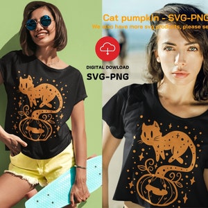 May include: A black t-shirt featuring a gold cat perched atop a pumpkin. The cat's tail curls around the pumpkin, and the design is embellished with gold stars.