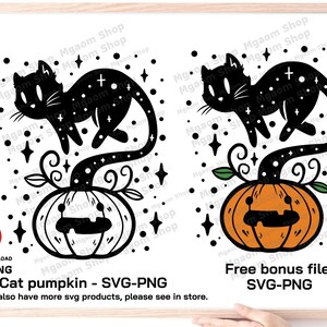 May include: Black cat silhouette with a starry tail perched on top of a jack-o'-lantern. The cat's tail forms the stem of the pumpkin. The background is white with black stars.