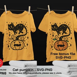 May include: A yellow t-shirt featuring a black cat perched atop a pumpkin. The cat has a starry tail and the pumpkin has a spooky face. The text "Free bonus file SVG-PNG" is printed on the bottom of the shirt.